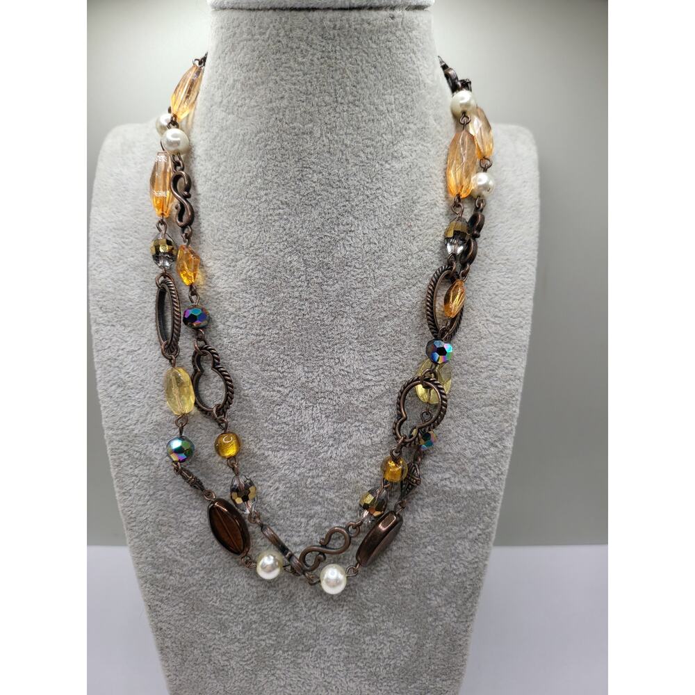 Vintage Copper Glass Pearl Long Statement Necklace Amber Yellow 37 Inch